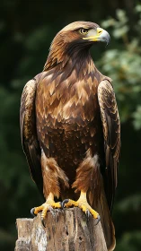 Golden eagle perched on weathered stump in soft forest bokeh