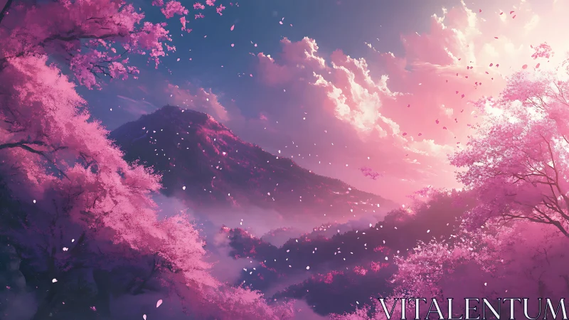 Blossomstorm over Dreaming Peaks at cotton-candy dusk.