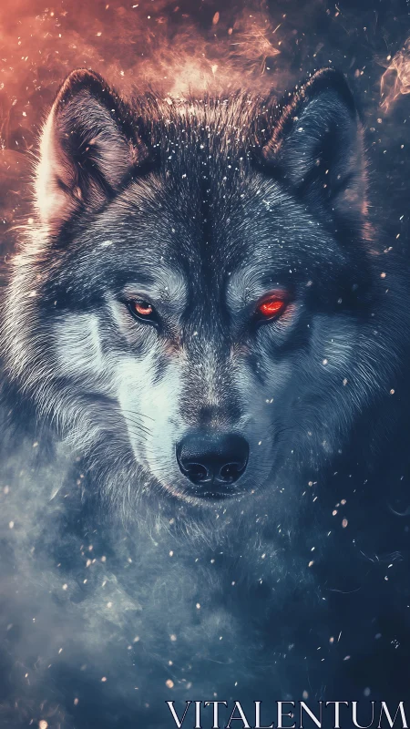 Bifurcated light wolf portrait with ember and frost particle effects