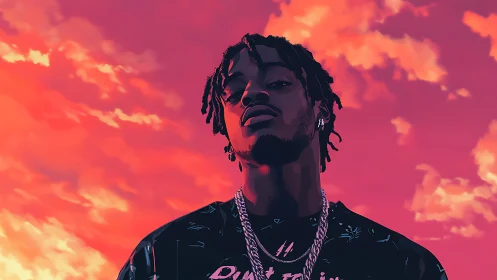 Stylized portrait of confident man against vivid sunset sky.