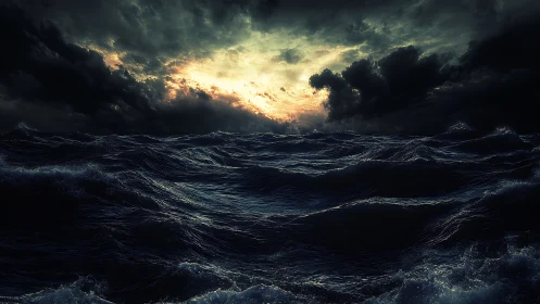 Storm-tossed ocean rises beneath glowing break in clouds.