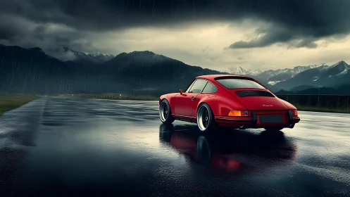 Photorealistic red sports coupe on rain-soaked alpine runway.