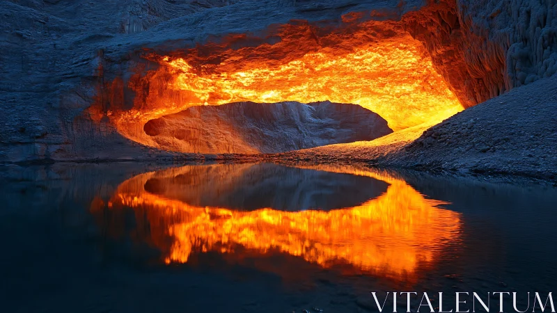 Illuminated cave opening reflects molten lava glow across water surface