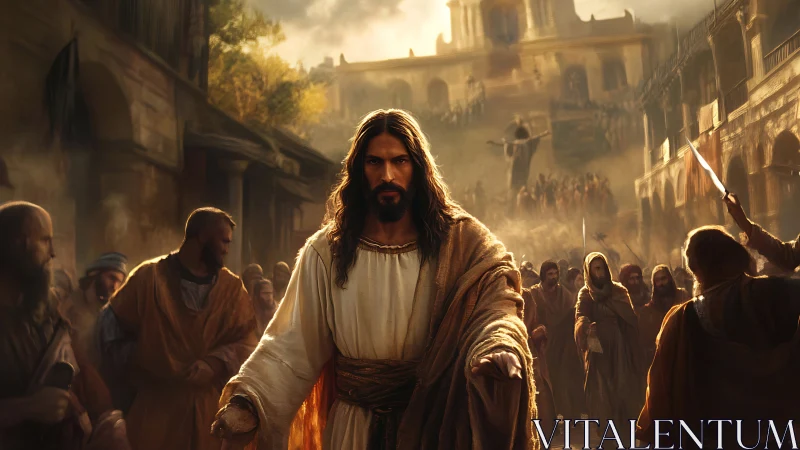 Processional messianic figure in high-dynamic-range cityscape.