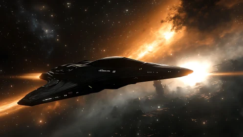 Sleek black starship glides boldly past a glowing nebula