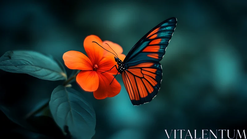 Vivid orange butterfly resting on blossom in teal bokeh field.