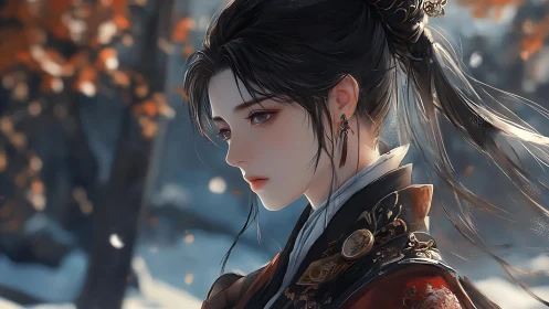 Side profile of woman in ornate attire outdoors in autumn.