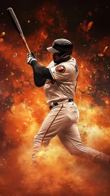 Baseball batter swings powerfully amid fiery orange blast.