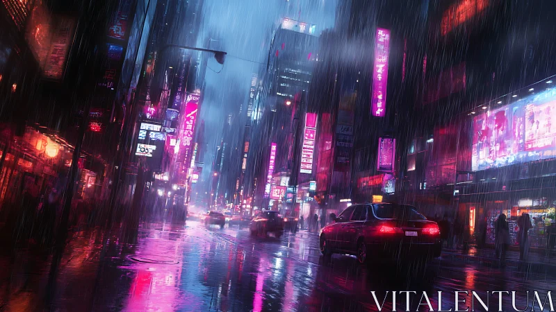 Neon city streets glowing softly in the midnight rain.