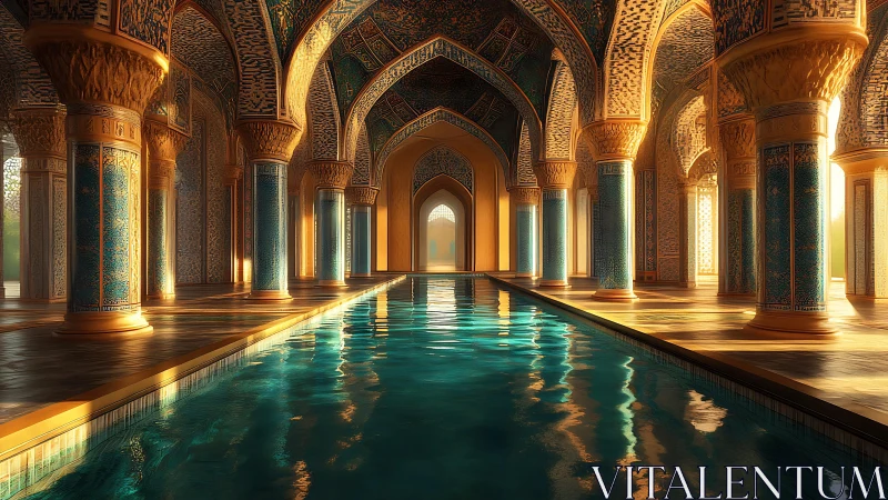 Sunlit arches ripple gently above a mirrored turquoise canal