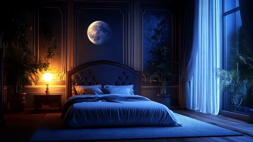 Moonlit luxury bedroom glows with calm, cinematic elegance