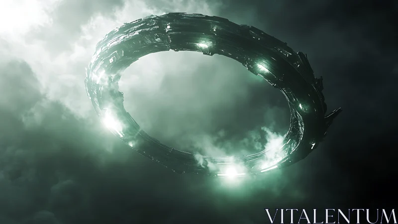 Colossal luminous ring-ship hovering in stormlit nebula.