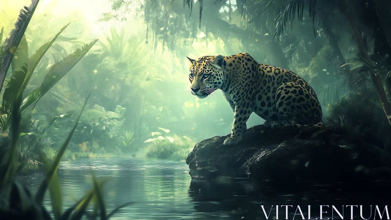 Leopard poised on river rock under diffused jungle backlight