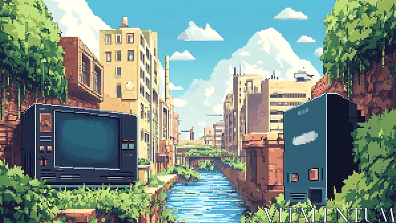 Pixel city canal with retro tech ruins under clear sky.