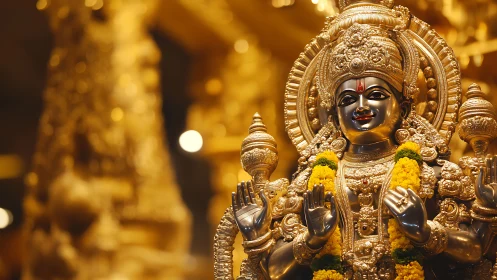 Gilded Hindu deity sculpture under warm ceremonial lighting.
