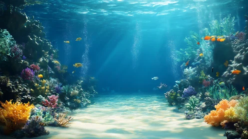 Submerged coral reef corridor displays sand floor and fish