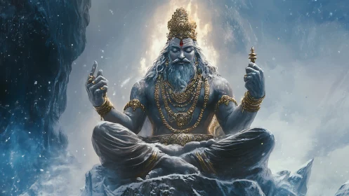 Serene blue-skinned deity in gilded ornaments on icy peak.