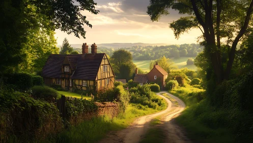 Country lane curves past cottages in dense green landscape