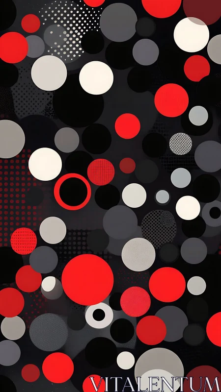 Geometric bokeh field arranges red, gray, and white circles on black