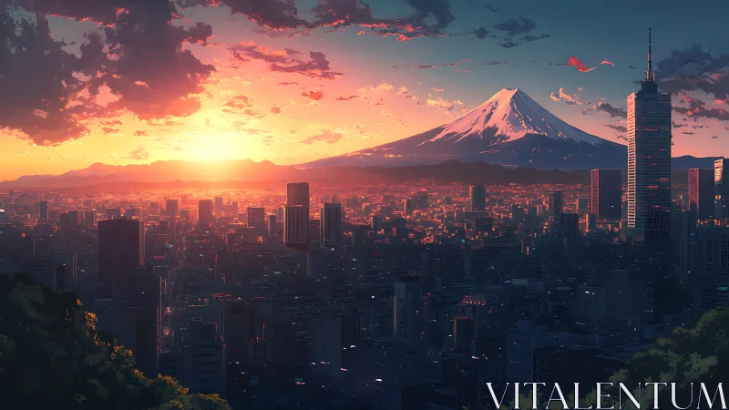 Sunset illuminates a dense cityscape beneath a distant mountain