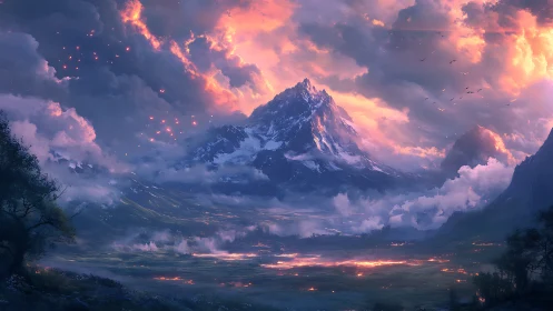Mountain landscape under illuminated cloud-filled sky.