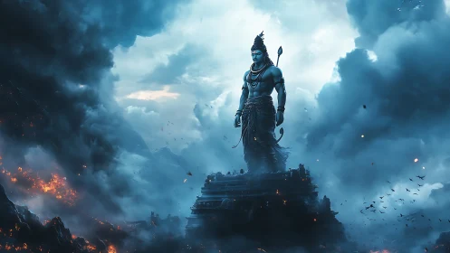 Mythic blue deity towering over stormlit mountain temple.