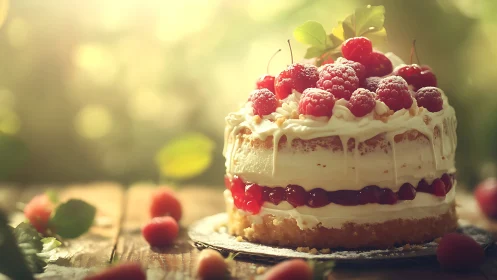 Raspberries and Cream Layer Cake with Fresh Fruit.