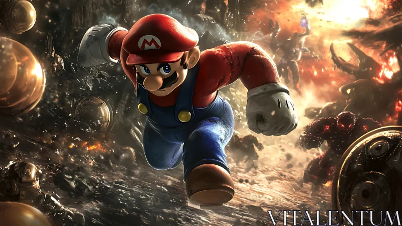 Heroic plumber charges through chaotic fiery battlefield.