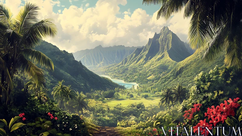 Tropical valley landscape with distant peaks and calm bay.