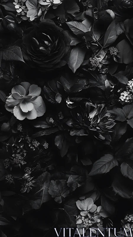 Dark floral arrangement featuring roses, ranunculus, and botanical foliage in monochromatic composit