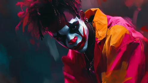 High-contrast neon clown portrait with expressive brushstroke rendering