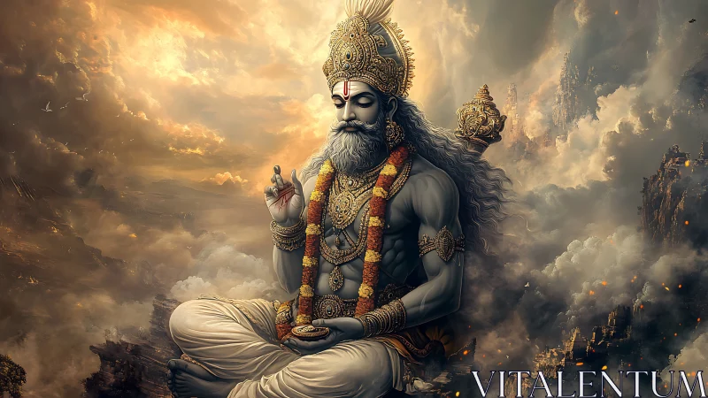 Divine yogi deity meditating above dramatic celestial clouds.