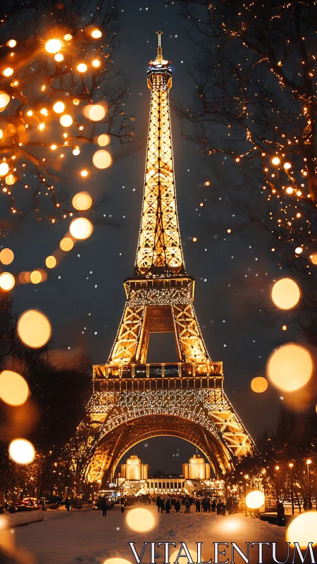 Eiffel Tower glows in snowlit Paris night with golden bokeh magic.