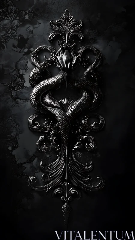 Ornate black dragon relief with symmetrical baroque curves.