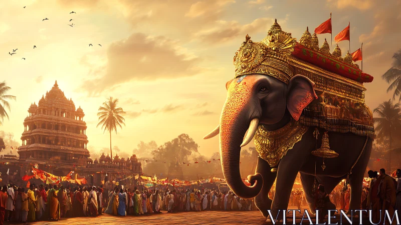 Regal temple elephant leads golden chariot procession at dusk