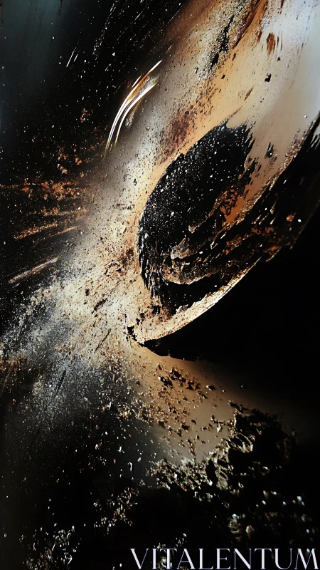 Abstract cosmic vortex with fractured dust and motion trail.