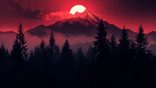 Crimson eclipse crowning a lonely mountain cathedral.