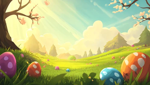 Sunlit spring meadow sparkles with colorful Easter eggs