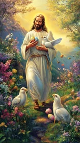Christ in spring garden holding eggs and doves illustration.