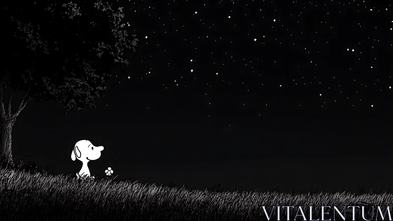 Small white dog under starry night sky in monochrome field.