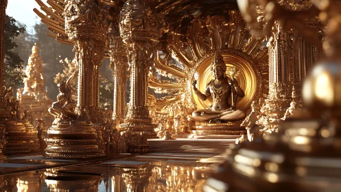 Golden seated deity statue occupies ornate reflective temple space