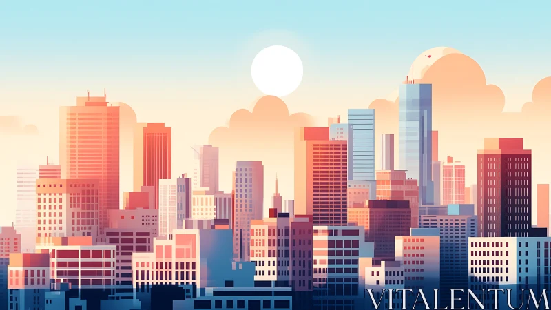 Sunlit pastel city skyline glows under clear morning sky