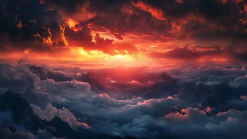 Sunset light penetrates storm clouds above rugged mountains