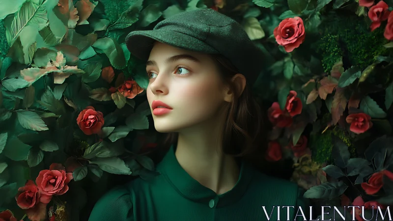 Green-clad dreamer listens softly to the whispering roses