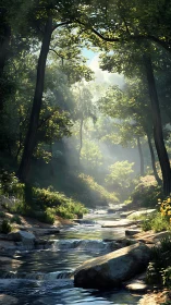 Sunlit forest stream framed by towering canopy architecture and luminous foliage interplay.