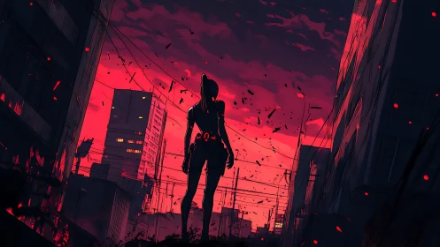 Silhouette of lone figure in red dusk urban street scene.