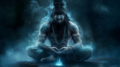 Meditating warrior figure in blue mystical atmosphere.