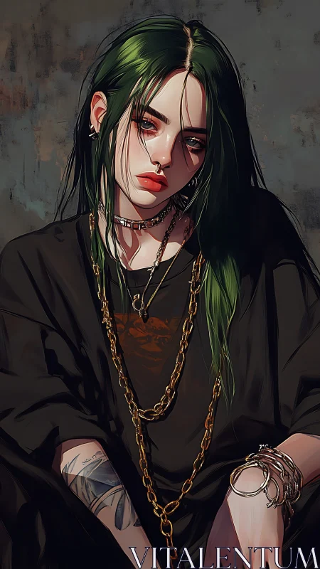 Moody green-haired girl in chains, dark digital portrait.