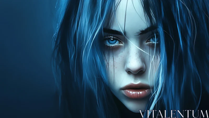 Hyperreal blue haired portrait with intense frontal gaze