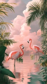 Flamingos stand in sunset lagoon under pastel storm clouds.